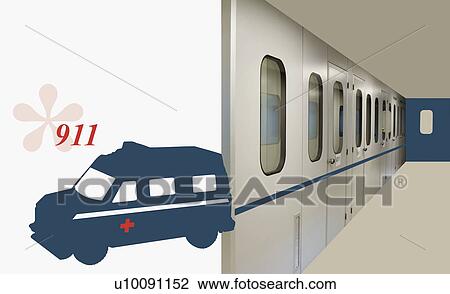 Side profile of an ambulance beside a hospital corridor View Large Illustration Drawing - Side profile of an ambulance beside a hospital corridor. Fotosearch