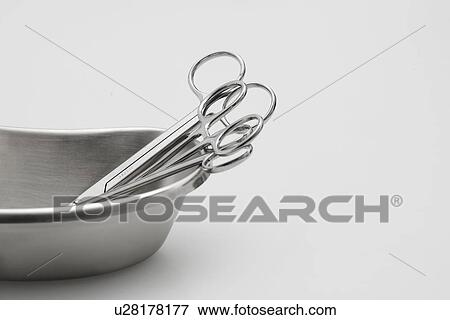 Stock Photo - Medical scissors in kidney dish. Fotosearch