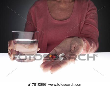 Woman holding pills and glass of water (close-up) View Large Photo Image Stock Photograph - Woman holding pills and glass of water (close-up). Fotosearch