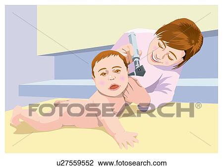 Drawing - Doctor Who Examine a Baby's Ear. Fotosearch