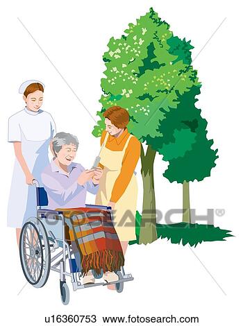 Nurse Who Push a Wheel Chair and Helper Who Talked to Grandmather View Large Illustration Drawing - Nurse Who Push a Wheel Chair and Helper Who Talked to Grandmather. Fotosearch