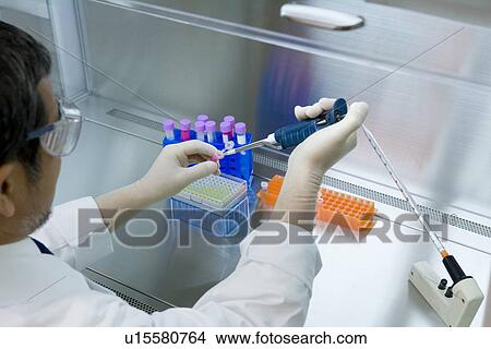 Picture - Mature scientist man injecting liquid into a test tube in laboratory, high angle view,. Fotosearch