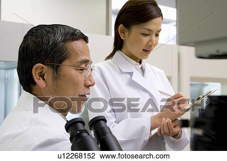 Stock Image - Two scientists talking in laboratory, young woman looking at a file, side view. Fotosearch