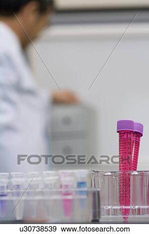 Stock Photo - Two test tubes in rack, mature scientist man in background in laboratory, Differential Focus. Fotosearch