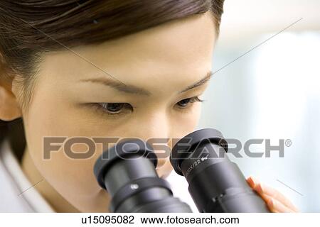 Young scientist woman looking through a Microscope in laboratory, side view, close up View Large Photo Image Stock Image - Young scientist woman looking through a Microscope in laboratory, side view, close up. Fotosearch