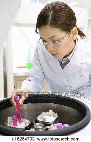 Young scientist woman taking out a test tube from a centrifuge, front view View Large Photo Image Stock Image - Young scientist woman taking out a test tube from a centrifuge, front view. Fotosearch