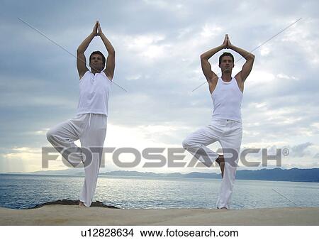 Low angle view of two young men practicing yoga in the tree pose View Large Photo Image Picture - Low angle view of two young men practicing yoga in the tree pose. Fotosearch