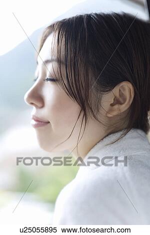 Profile of a woman in bathrobe, closing eyes, side view, Japan View Large Photo Image Stock Photography - Profile of a woman in bathrobe, closing eyes, side view, Japan. Fotosearch