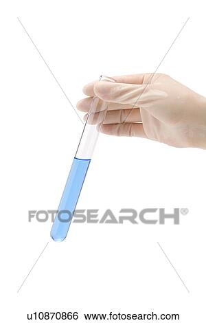 Stock Photograph - Scientist holding a test tube with liquid, front view, cut out, white background. Fotosearch
