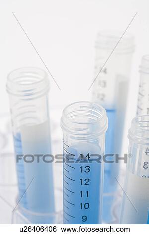 Stock Photograph - Test tubes with liquids in rack, high angle view, close up, white background. Fotosearch