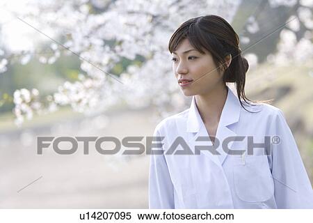Stock Photography - Woman in lab coat standing under the cherry tree, front view, Japan. Fotosearch
