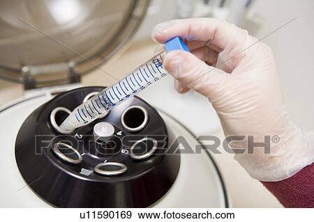 Stock Photo - Embryologist putting sample into centrifuge (selective focus). Fotosearch