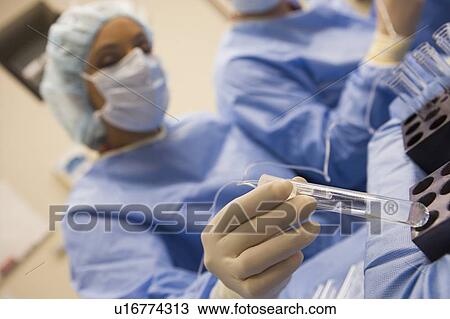 Stock Image - Nurse assisting with egg retrieval procedure. Fotosearch