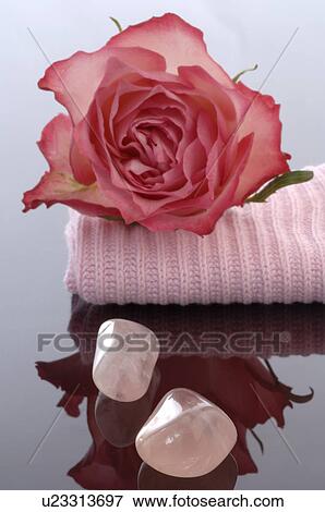 Stock Photo - Healing stone rose quartz with a single rose. Fotosearch