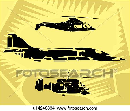 Clipart - Aeroplane, fighter plane and helicopter flying in the sky. Fotosearch