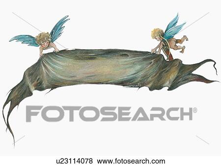 Clip Art - Angel and cupid spreading a banner. Fotosearch