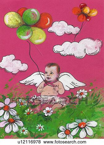 Clip Art - Baby angel boy with balloons. Fotosearch