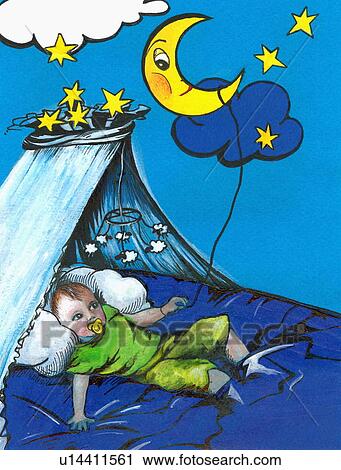 Clipart - Baby boy in bed with moon on a string. Fotosearch