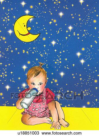 Clipart - Baby girl drinking from her bottle. Fotosearch
