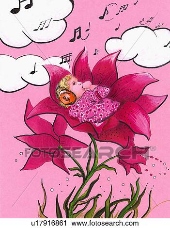 Clipart - Baby girl in a flower listening to music. Fotosearch