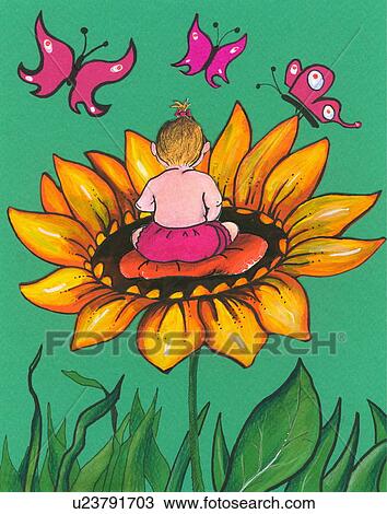 Clipart - Baby girl sitting on a sunflower. Fotosearch