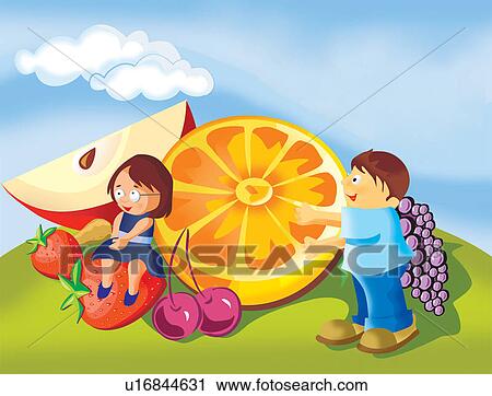 Clipart - Boy and girl with fruits in a park. Fotosearch