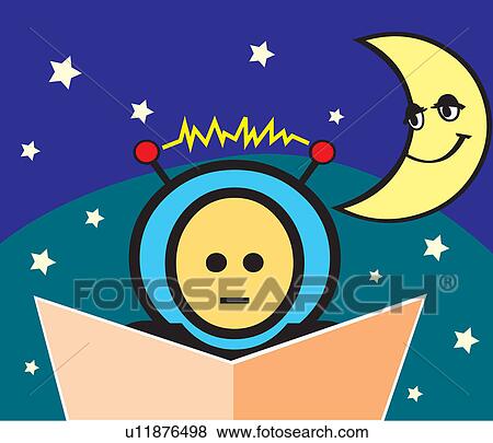 Clip Art - Boy reading book with crescent moon and stars . Fotosearch