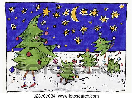 Clipart - Christmas tree family in the snow. Fotosearch