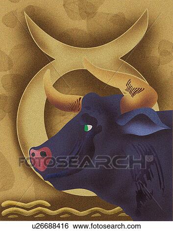 Clip Art - Close-up of bull with zodiac sign, Taurus. Fotosearch
