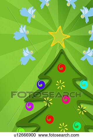 Clipart - Decorated Christmas tree with angels flying around it. Fotosearch