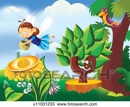 Clipart - Girlie representation of a butterfly collecting nectar from flower . Fotosearch