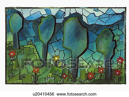 Clip Art - Mosaic of trees in a park with flowers. Fotosearch