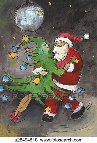 Clip Art - Santa Claus dancing with female Christmas tree. Fotosearch
