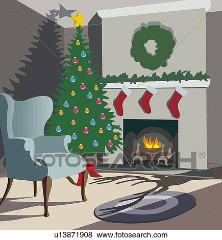 Clip Art - Shadow of a raindeer in living room with Christmas tree. Fotosearch
