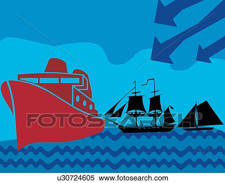 Ship and sailboat with waves and arrow View Large Clip Art Graphic Clipart - Ship and sailboat with waves and arrow . Fotosearch