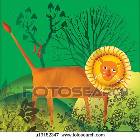 Clip Art - Side view of lion with Leo, astrological sign. Fotosearch