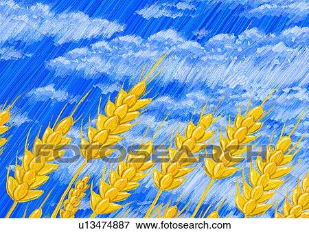 Wheat against blue sky with white clouds View Large Clip Art Graphic Clip Art - Wheat against blue sky with white clouds. Fotosearch