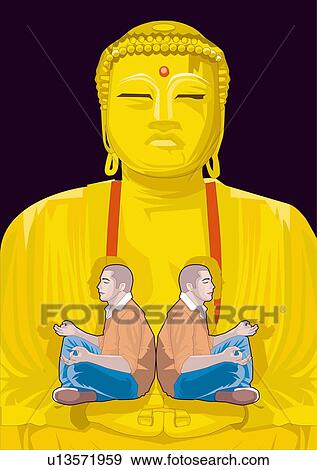 Stock Illustration - Buddha and two identical men praying. Fotosearch