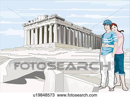 Drawing - Couple hugging at the Acropolis. Fotosearch