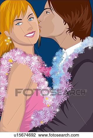 Drawing - Couple hugging with garland. Fotosearch