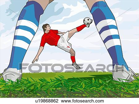 Drawing - Soccer player kicking ball as viewed through goalie's legs. Fotosearch