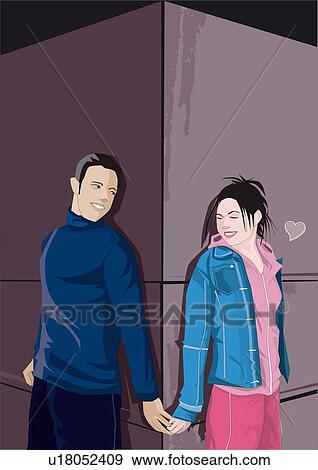 Stock Illustration - Young man and woman holding hands around corner. Fotosearch