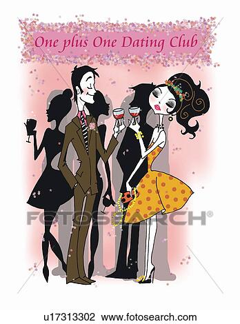 Drawing - Young man and woman toasting at dating club. Fotosearch