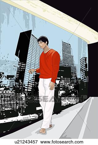 Stock Illustration - Young man walking along cityscape. Fotosearch
