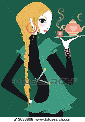 Young waitress holding a pot of tea on a serving tray View Large Illustration Stock Illustration - Young waitress holding a pot of tea on a serving tray. Fotosearch