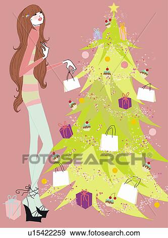 Stock Illustration - Young woman at Christmas tree with presents. Fotosearch