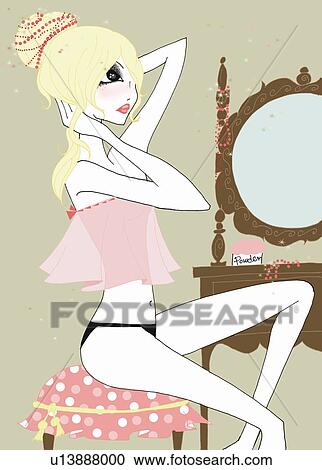 Clipart - Young woman at dressing table. Fotosearch