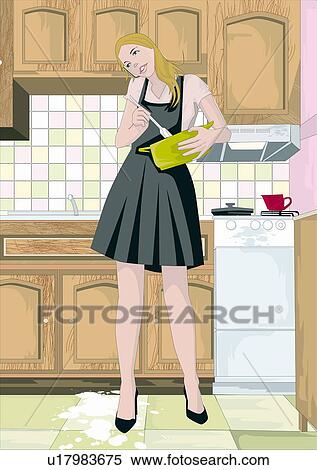 Young woman cooking and talking on phone View Large Illustration Stock Illustration - Young woman cooking and talking on phone. Fotosearch