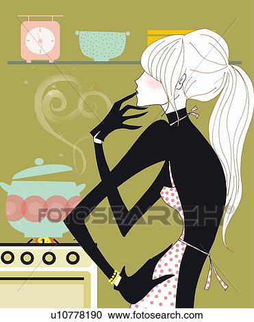 Clipart - Young woman cooking. Fotosearch
