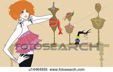 Young woman posing in front of jewelry and hat display View Large Illustration Stock Illustration - Young woman posing in front of jewelry and hat display. Fotosearch